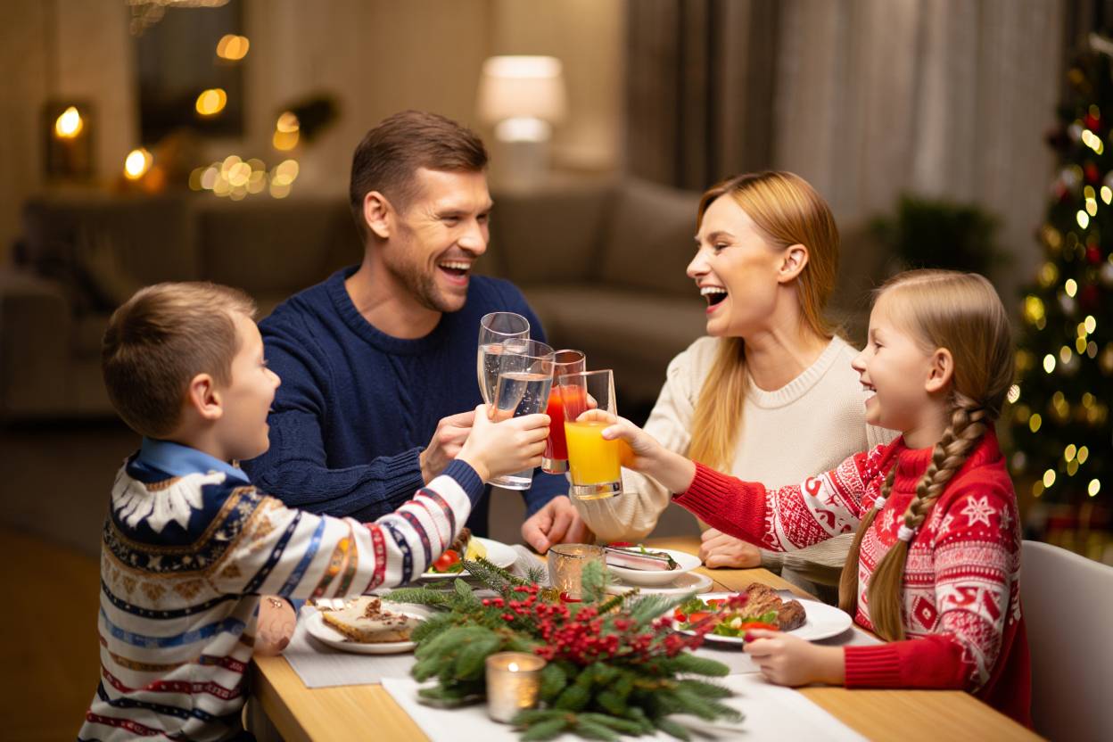Счастливая семья отмечает праздник без алкоголя.